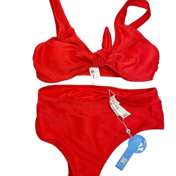 Women’s Size Medium Cupshe Ribbed Red Bowknot Bikini High Waisted B Cup - Picture 2 of 4